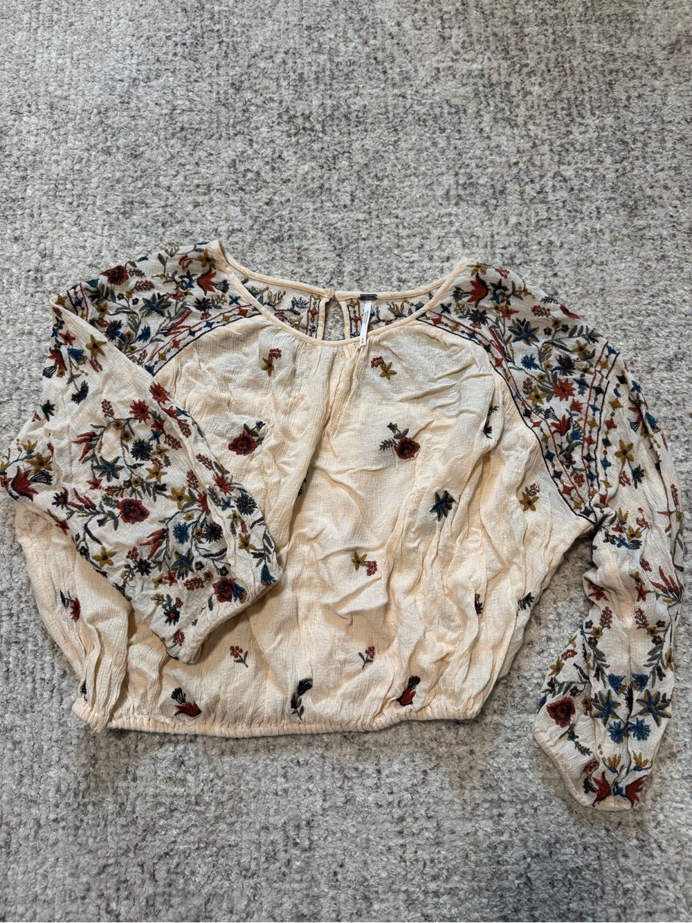 Free People Cream Boho Embroidered Balloon Sleeve Top